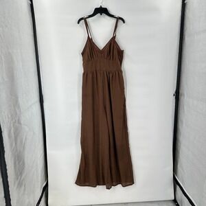 Boho Jumpsuit‎ Womens Large Brown Wide Leg Smocked Festival Coastal Beachwear *
